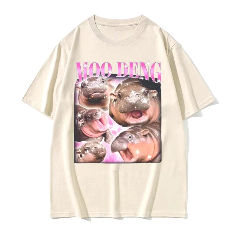 Cute Moo Deng Baby Hippo Funny Meme T Shirts Women Casual Short Sleeve T-shirt Vintage Hip Hop Streetwear Tshirt Tops