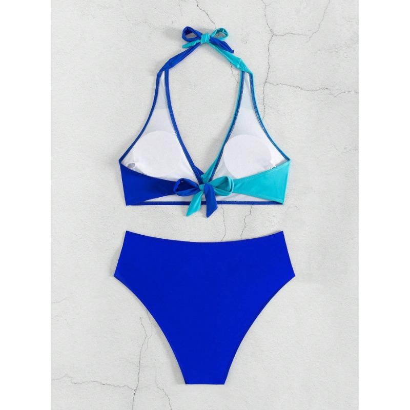 Women's Neon Pink Black Color Block Twist Front Bikini Set High Waist Two Piece Swimsuit