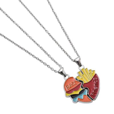 Collana da 2 pezzi/set per coppia Collana per migliori amici a forma di cuore Collana con design patchwork di hamburger e patatine fritte