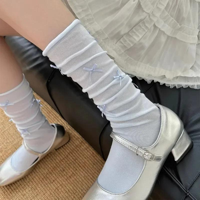 Ballet Style Bow Lolita Socks Children's Knee Over White Summer Anti Slip Calf Pile Socks New Fashion  Breathable Boneless Socks