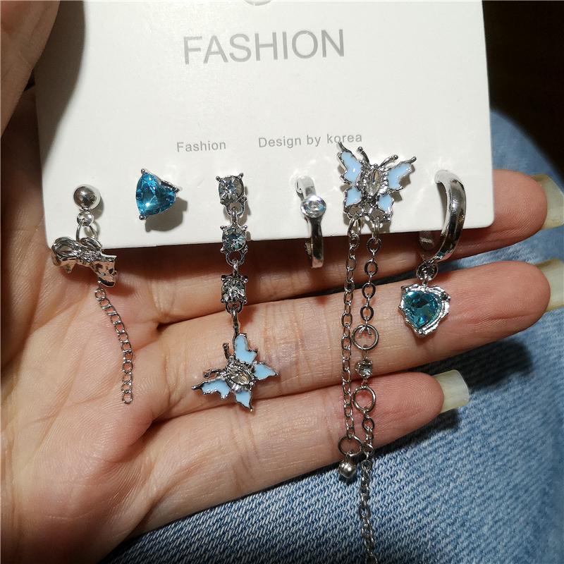 Goth Trendy Blue Crystal Heart Butterfly Tassel Chain Pendant Earring Set For Women Vintage Aesthetic Y2K Jewelry Accessories