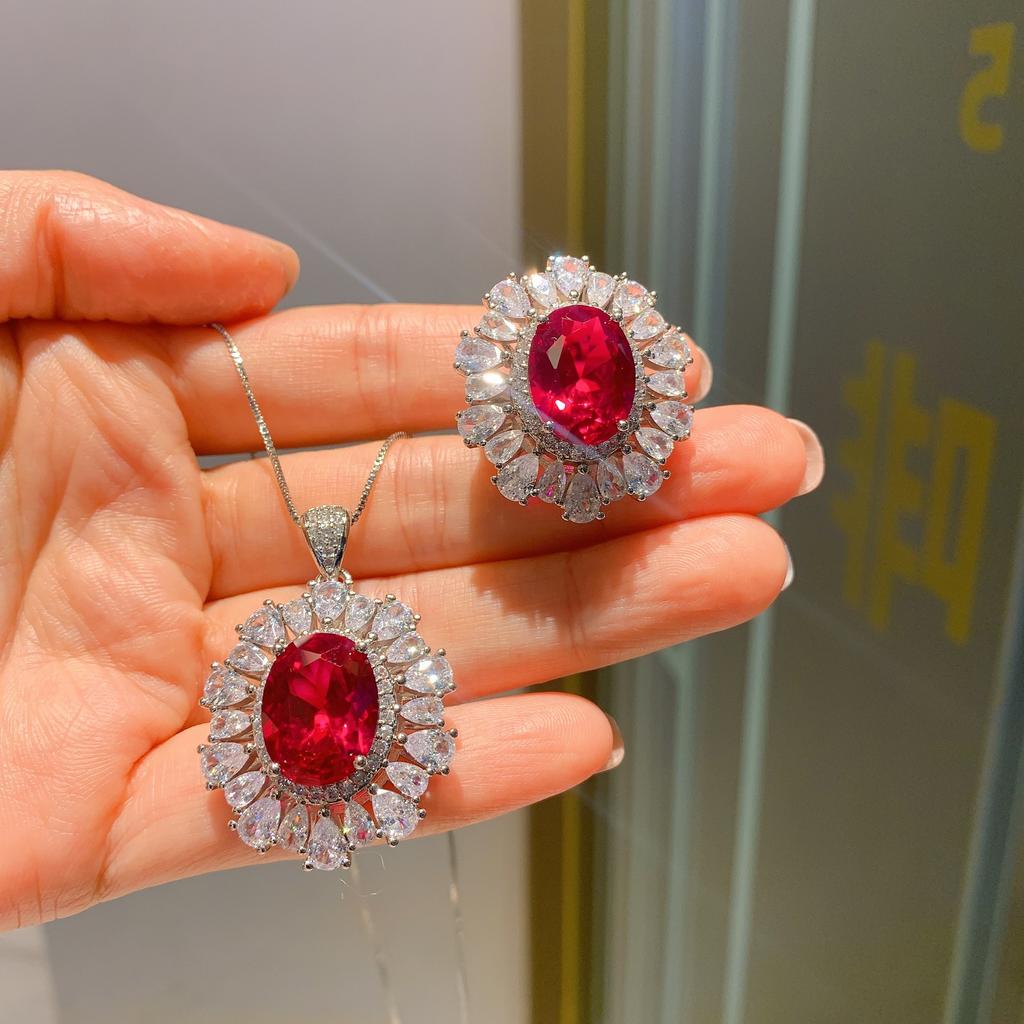 Jewelry Retro Simulation Red Glass Stone Jewelry Set, Main Stone Pendant Ring 12 * 16