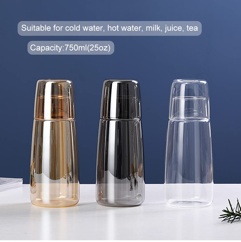 Side Table Water Bottle Set with Glass, Night Cup Set with Cup Cover, Gargle Water Bottle for Bedroom, Bathroom, and Kitchen, 25oz750ml (Amber)