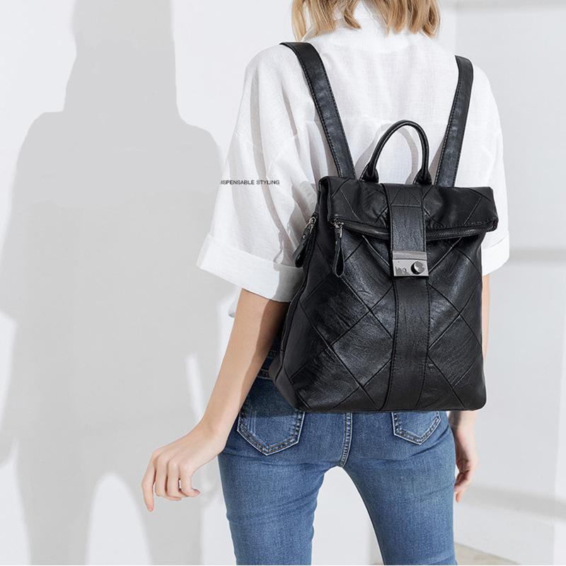 Genuine Leather Women Backpacks Diamond Quilted Daypack Fashion Lock Travelling Commuting Outdoor Backpack Soft Cowhide Backpacks