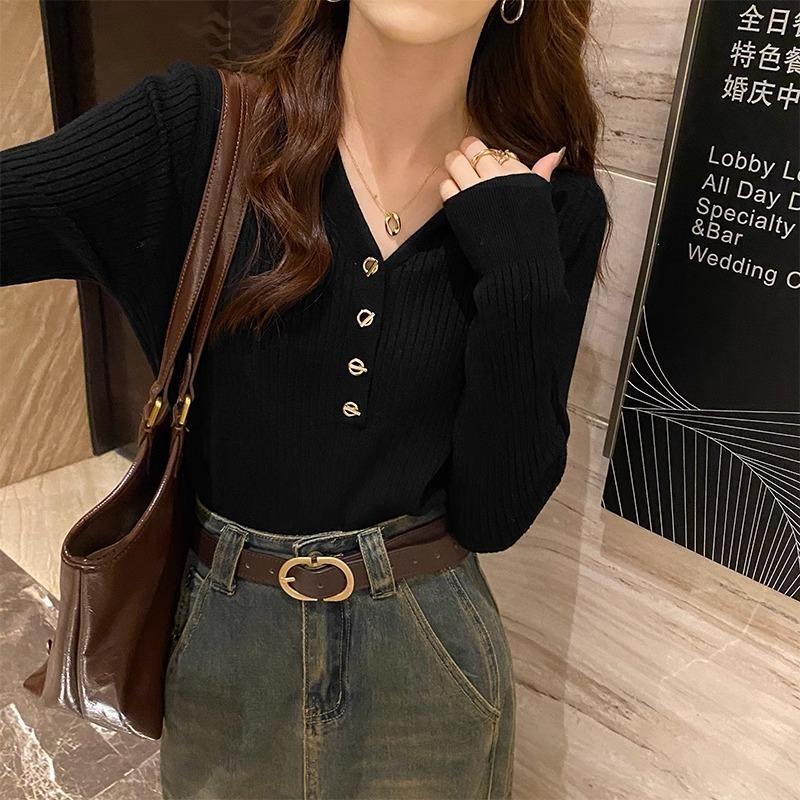 Ji Slim-fit Short Long Sleeve Bottom Knitted Sweater Top Design Sense Neck Hollow V-Neck Sweater Women's Inner Wear