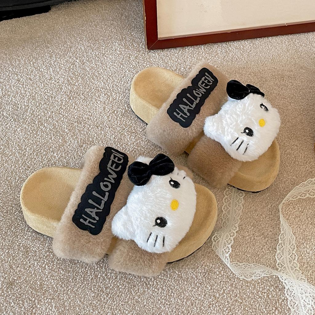 White Cute Cartoon Non-slip Thick-soled Fluffy Slippers for Women's Outer Wear 2025 New Autumn and Winter Heightening Soft Bottom One-word