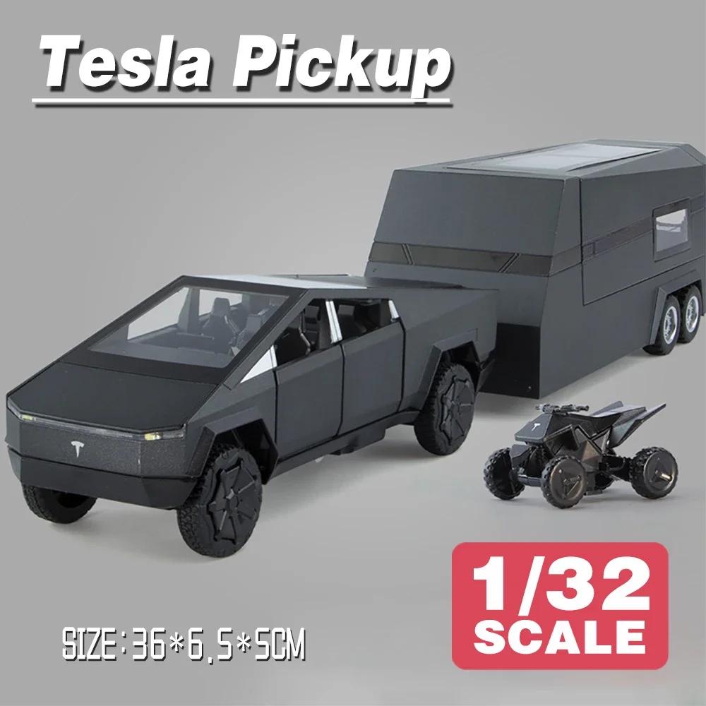 Scale 1/32 Tesla Cybertruck Pickup Trailer RV Metal Alloy Toys Car Model Diecast Off-road Vehicle Gift for Boys Kids Collection
