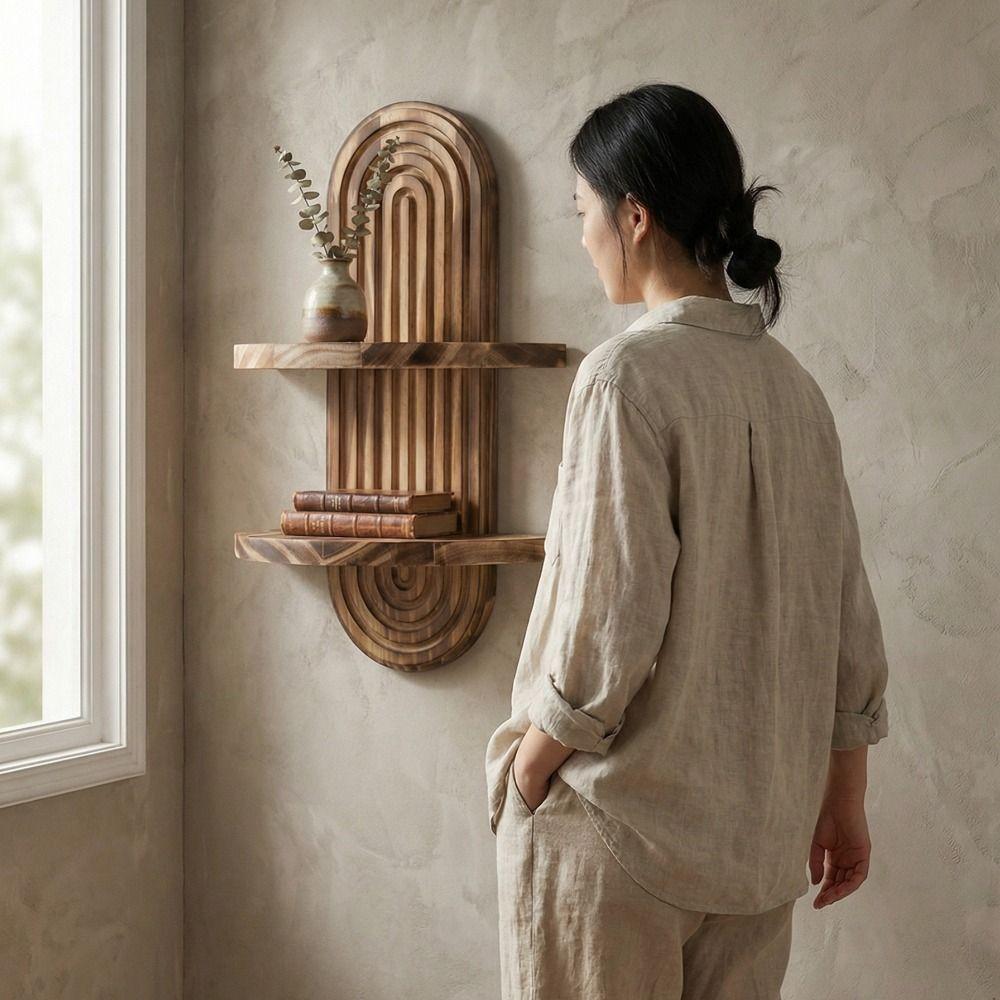 Natural Wooden Wall Shelves Oval Threaded Boho Style Rack Wall Mounted Shelf  Plant Decorative