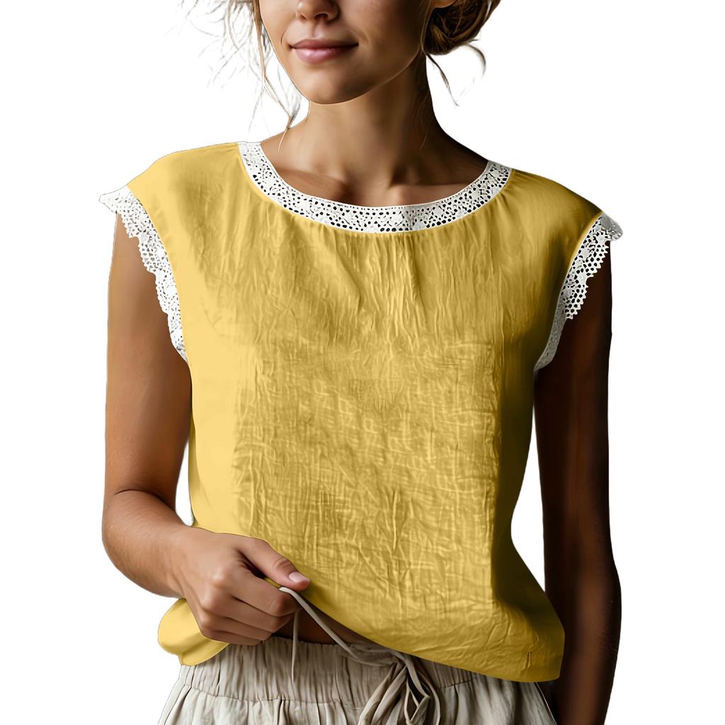 Haut d'été sans manches en lin pour femme, style rétro ample, patchwork de dentelle de couleur, col rond