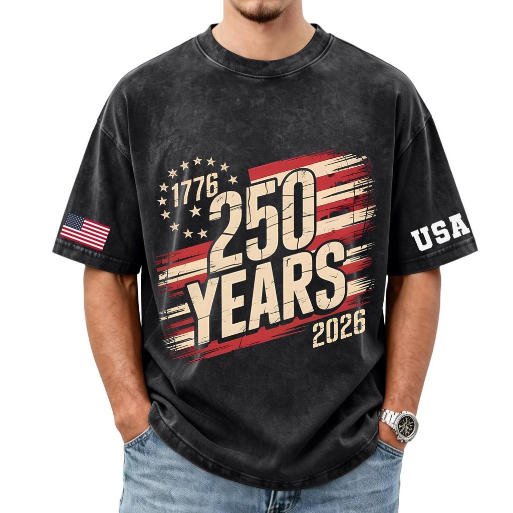 Men's loose and casual flag letter print T-shirt - Men's trendy washed short-sleeved top
