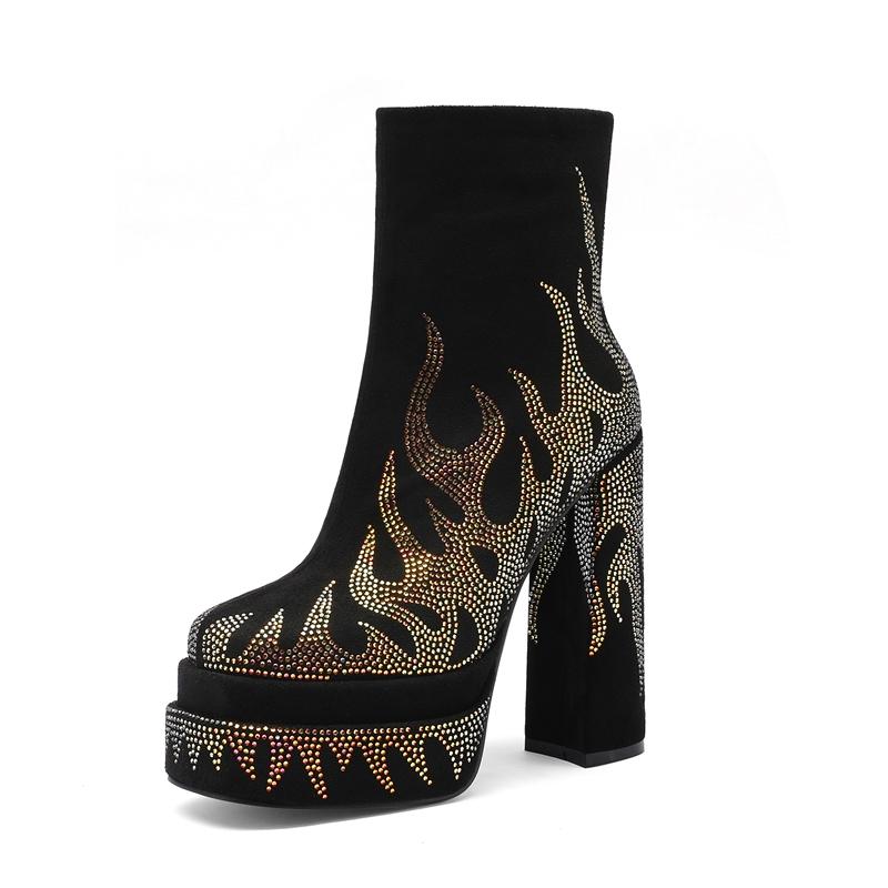 Módní Kaky's Nové Boty na vysokém podpatku s kulatou špičkou Vodotěsná platforma Silná podrážka Velká velikost Kamínkové dámské boty Kotníkové boty Módní boty