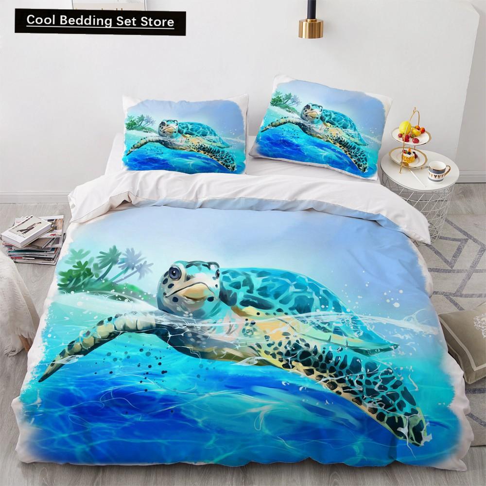 Comforter Dolphin Ocean King Queen Cute 3D Sea Animal Bedding Set For Kids Teens Adults Shoal Of Fish Blue 2/3Pcs