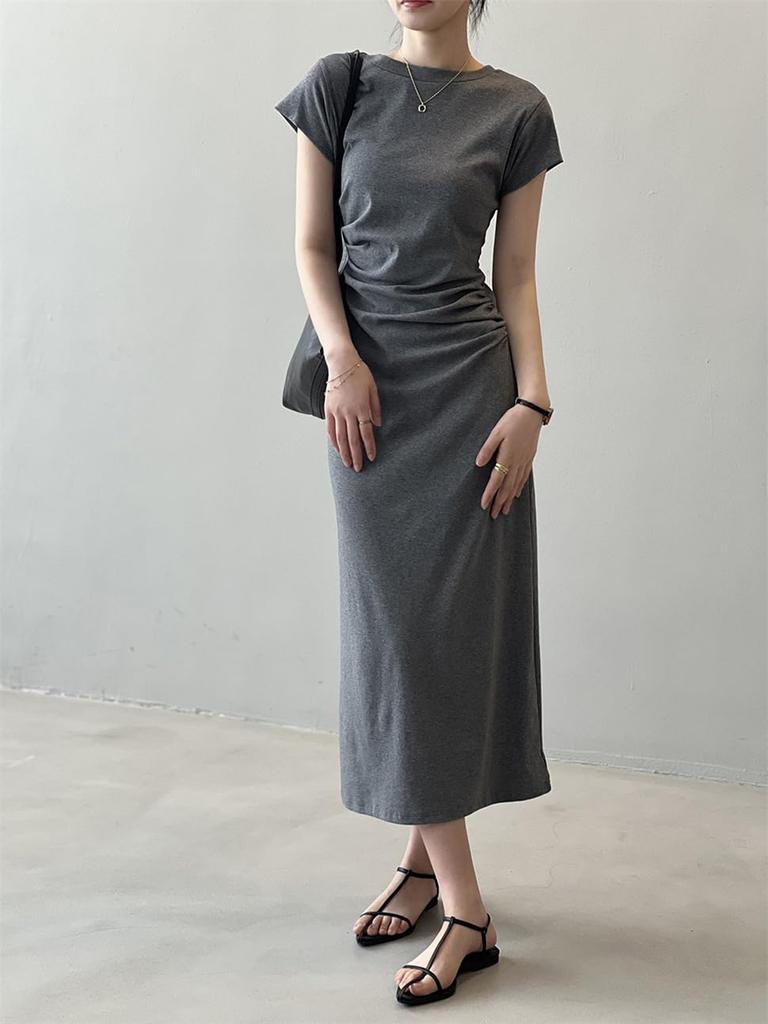 [YUANYUAN] CREAM Dress for Women - Slim Fit, Tight, Long Length, Round Neck, Slimming, Wing Sleeves, Pleated, High Waist, Elegant, Stylish, Fashionabl