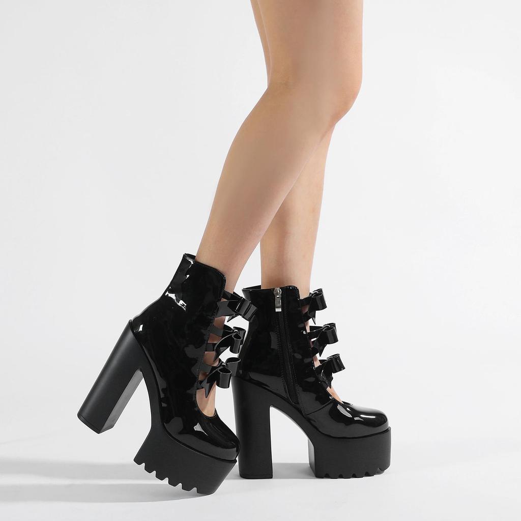 Gdgydh Sweet Mary Jane High Heels Bow Detail Chunky Platform Ultra High Heels Side Zipper Platform Shoes for Women Footwear