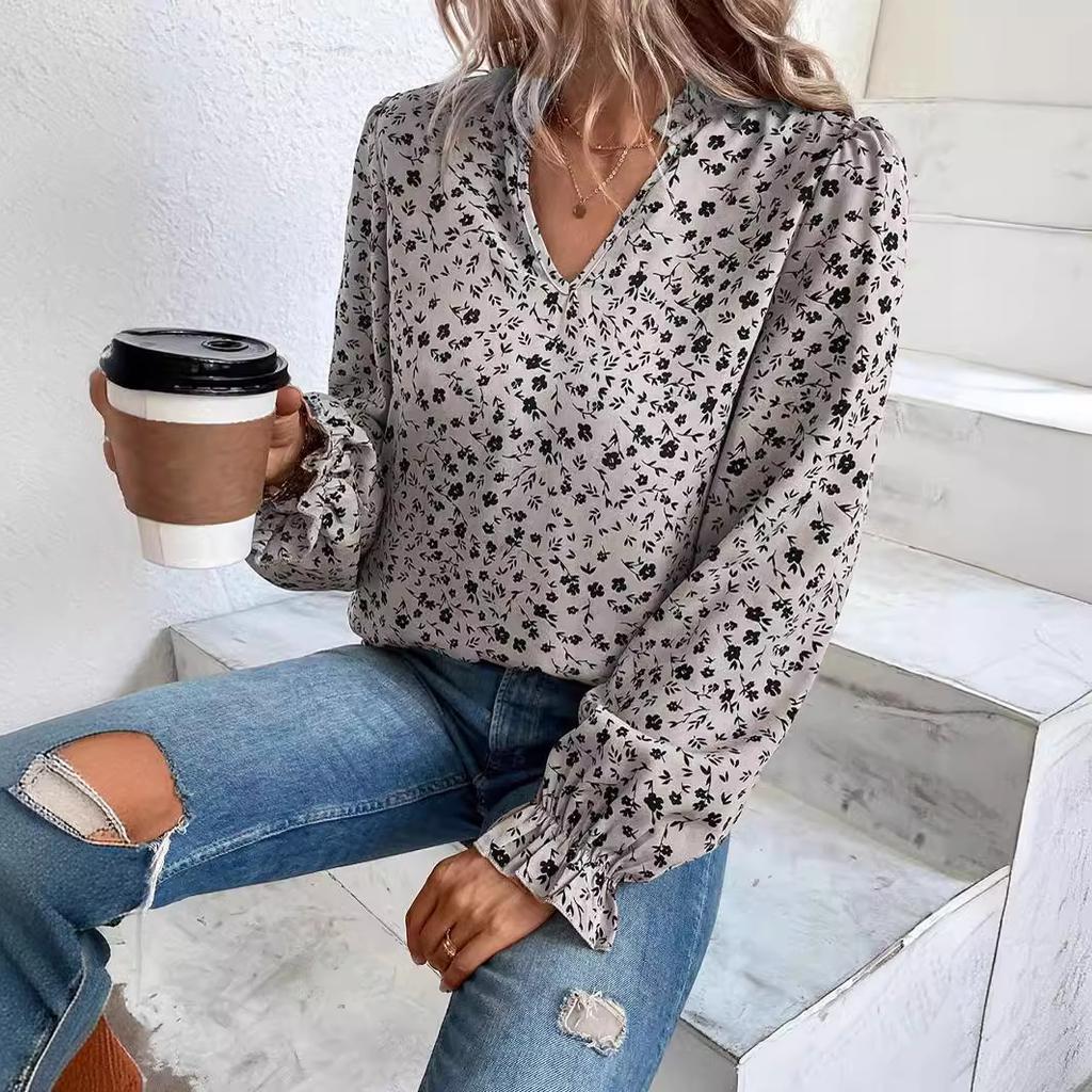 Autumn Women's Floral Pullover V-neck Ruffled Sweet Long-sleeved Printed Shirt