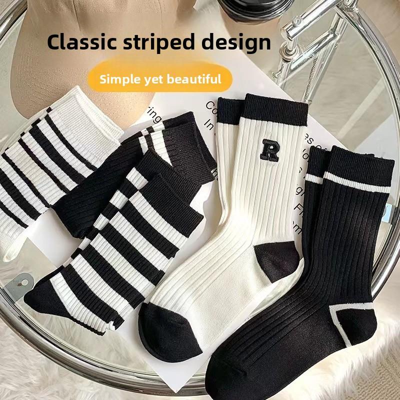 Autumn and Winter Striped Pure Cotton Socks, Summer Women's Trendy Socks, R Black and White Embroidered Academy Windblown Women's Socks