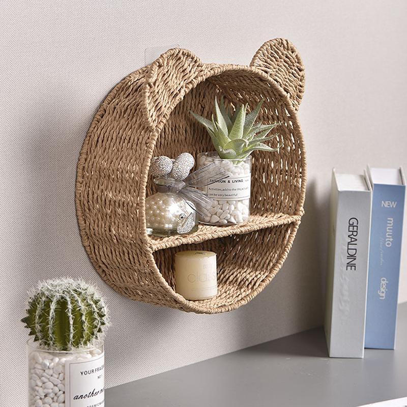 Cute Bear Ear Wall Mounting Shelf Rattan Wall Shelves Small Plant Display Storage Rack Home Decors Woven Hanging Storage Basket