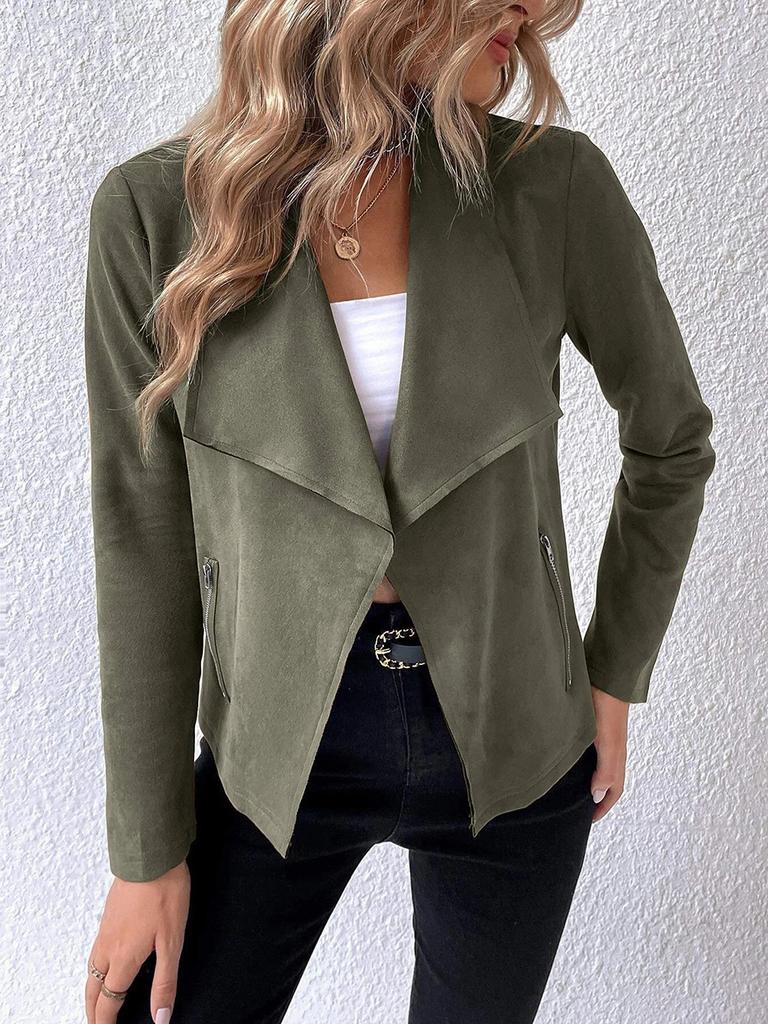 Women's Faux Suede Asymmetrical Lapel Short Jacket with Zip Detail in Brown, Beige, Dark Green & Black