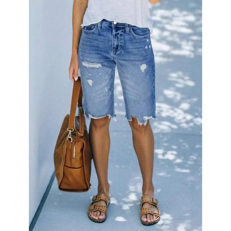 New Women S Distressed Denim Shorts Casual Mid-Length Ripped Denim Shorts Fashionable Denim S