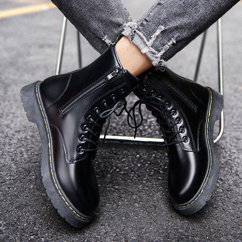 Men's Black Leather High-Top Motorcycle Boots with Side Zipper - British Style for Autumn/Winter
