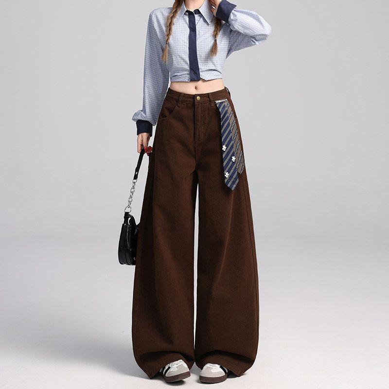 Retro High-Waist Coffee Wide-Leg Jeans for Women - Loose, Slimming, Spicy Straight-Leg Pants S