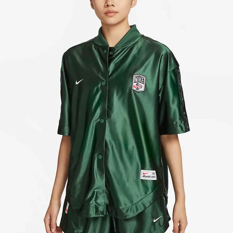 Nike Sportswear Solid Color Baseball Collar Short Sleeve Shirt Women Tops Spruce-Green FQ0700-323