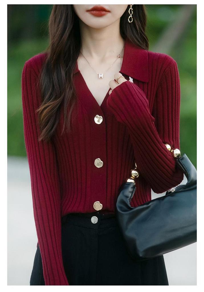 Stylish Slimming Lapel Knit Cardigan with Long Sleeves for Women's Spring and Autumn