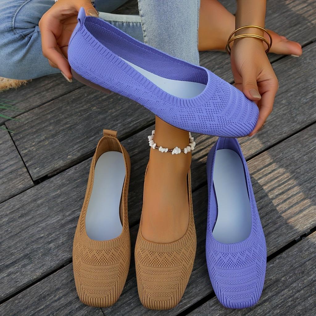 Women's Woven Flat Casual Shoes, Solid Color, Home and Outdoor, Fly Woven Breathable Single Shoes, Soft Sole Flat Shoes, Square Toe Casual Shoes