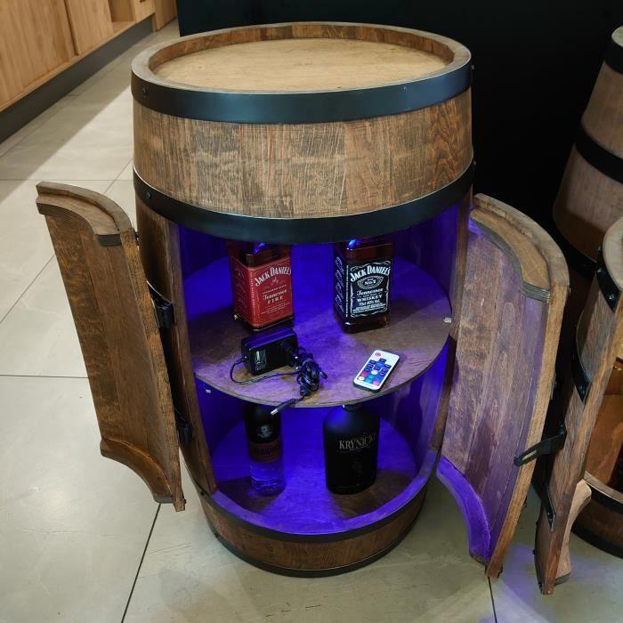 Casier à Vin LED RGB - Creative Cooper - Tonneau En Bois avec des portes, Meuble Rangement Bouteille Alcool, 80x50 cm, Wenge