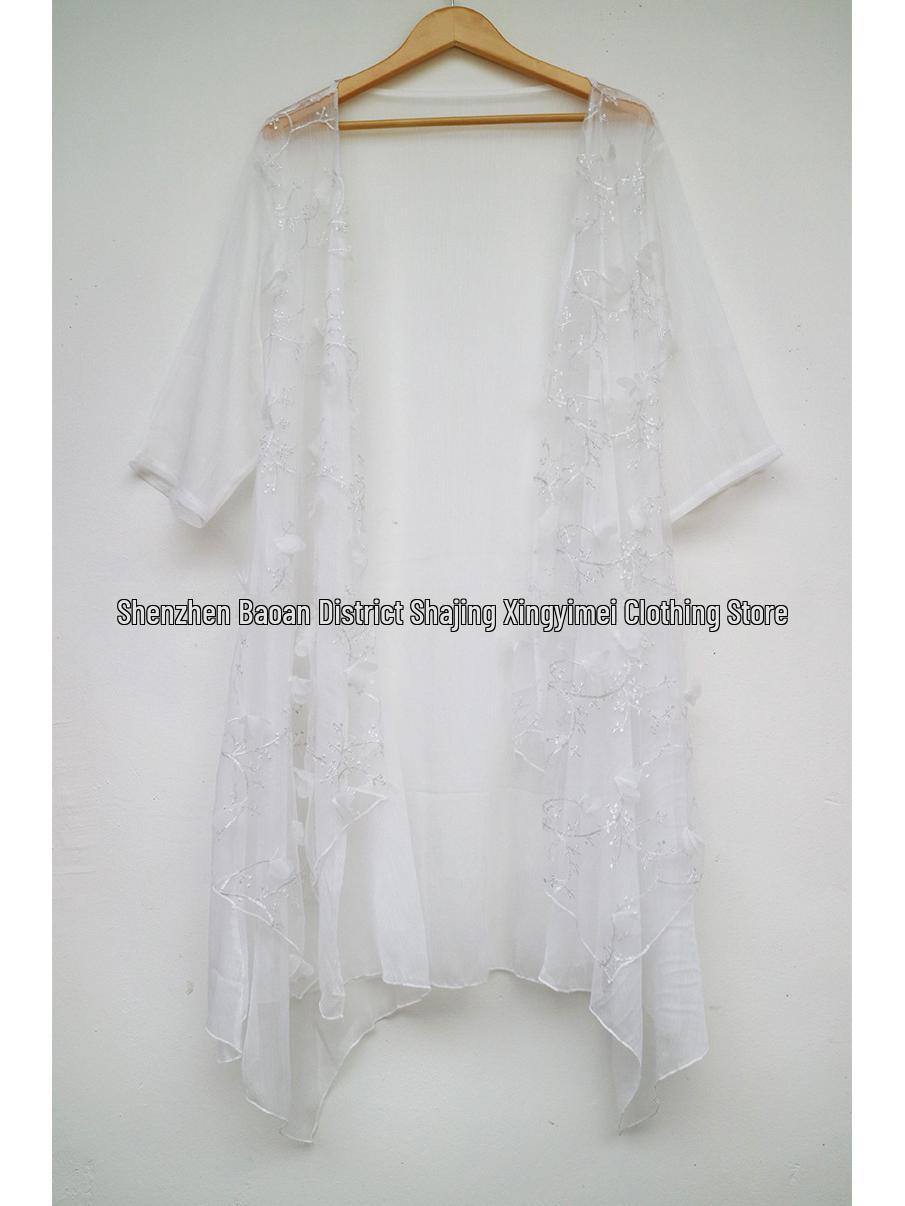 

Женская шифоновая вышитая рубашка-кардиган в китайском стиле с солнцезащитным кремом One Size белый