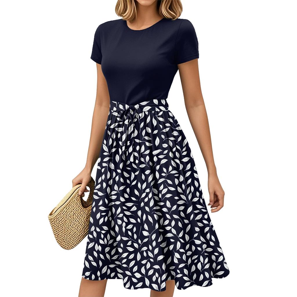 Women's Fashion Casual Belt Short Sleeve Round Neck Geometric Printing Splicing Elegant Temperament Dresses