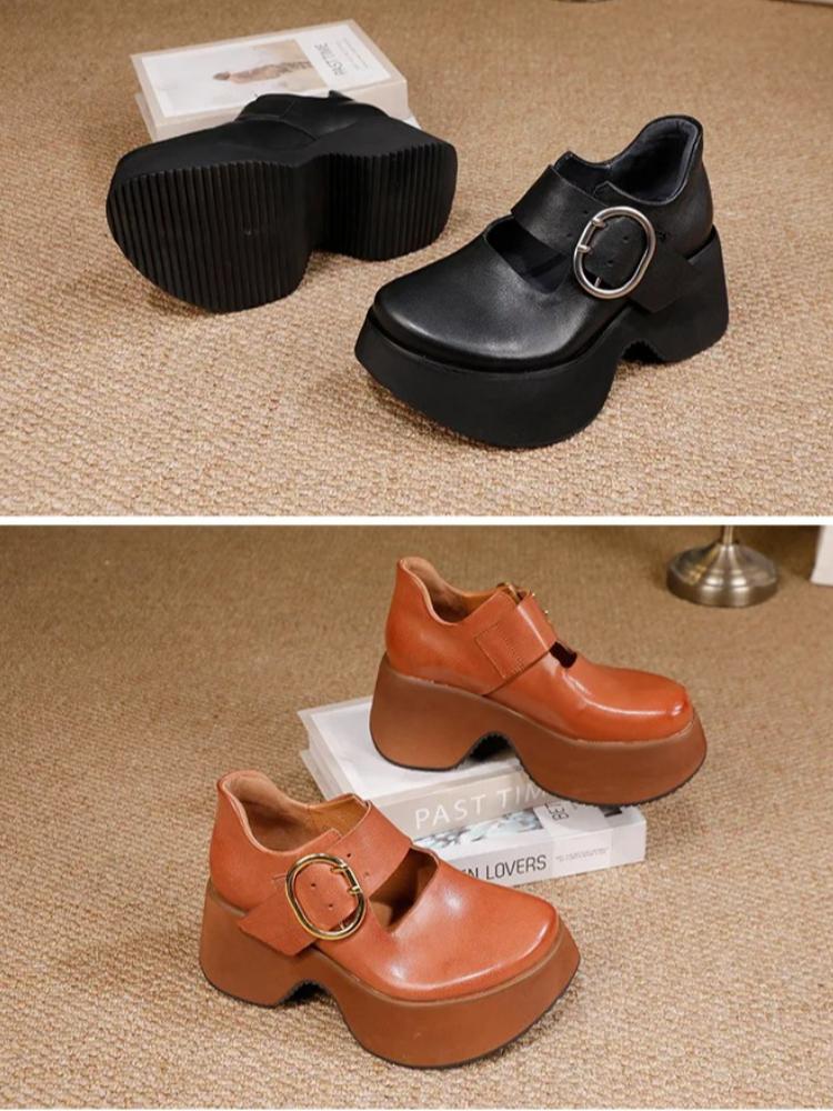 Johnature Genuine Leather Thick Soled Shoes Retro Versatile Buckle Strap Thick High Heels Women's Shoes