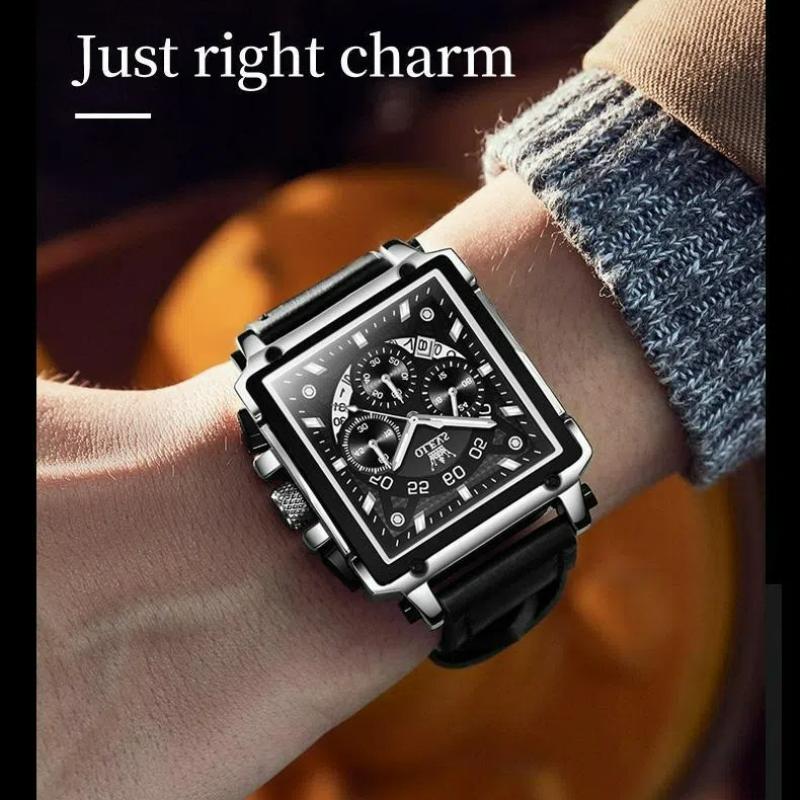 Male Watches Square Quartz Watch For Men Waterproof Leather Strap Chronograph Wristwatch Luminous Relogio Masculino