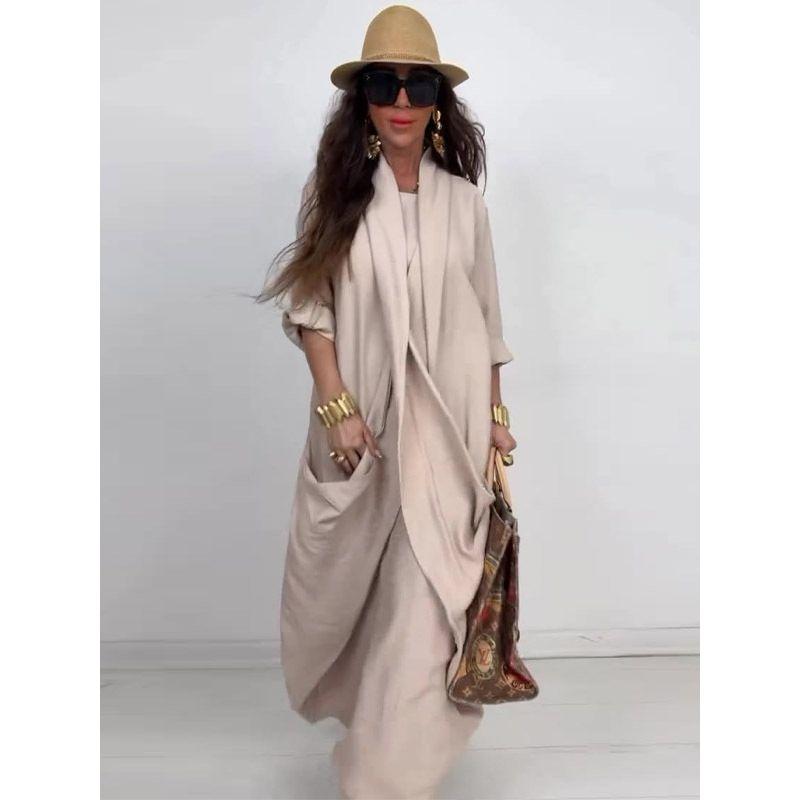 2025 Summer New European and American Women clothes Design Long Solid Long sleeve Temperament Dress