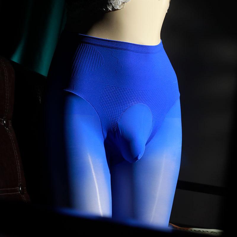 

New oil-shiny stockings horse oil socks leggings men s D sexy thin high-waisted belly seamless large size -needle god pants vertical opening [nine points] королівський синій колір