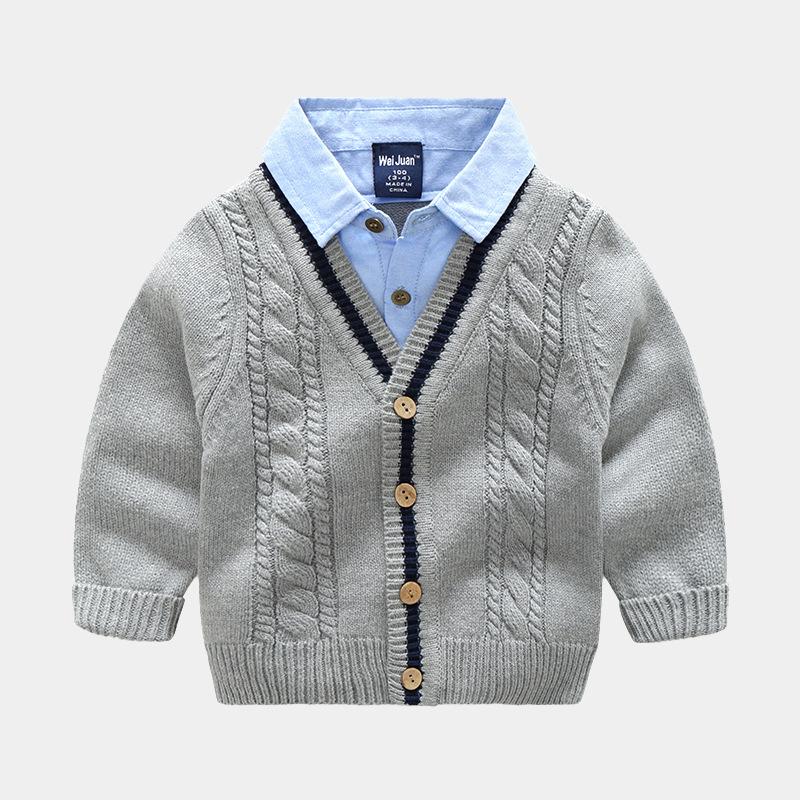 Chłopięcy sweter udający dwie części z kołnierzykiem koszulowym, dzianinowy sweter wkładany przez głowę, z długim rękawem, jesienno-zimowa odzież, modny top dla malucha i dzieci