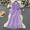 France Vintage Hollow Out Evening Dress Women Sashes V-Neck Flare Sleeve Crochet Elegant Dress Female Casual Chic Clothing