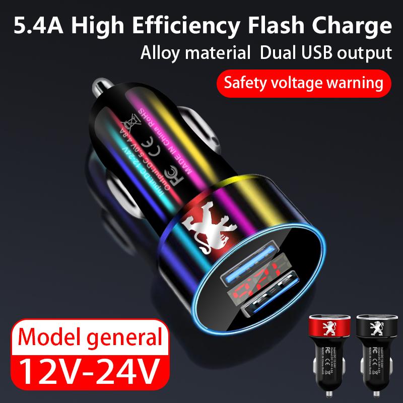 Car Charger 2 USB Ports Fast Charging Digital Display Car Accessories For Peugeot 308 408 508 RCZ 208 3008 2008 206 207 406 407 408 206 207 208 307