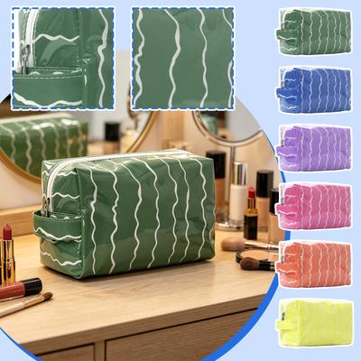 Wavy Pattern PVC Cosmetic Bag Large Capacity Waterproof Travel Toiletry Organizer Portable Storage Pouch with Handle for Bathroom