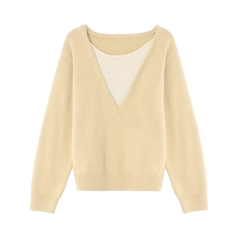 Autumn and winter new top yellow fake two-piece knitted sweater slim-fitting long-sleeved sweater women's high-end women's clothing