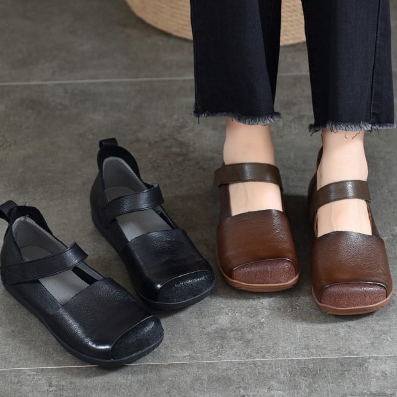 Johnature Retro Genuine Leather Square Toe Flat Shoes Soft Sole Handmade Solid Color Women's Shoes