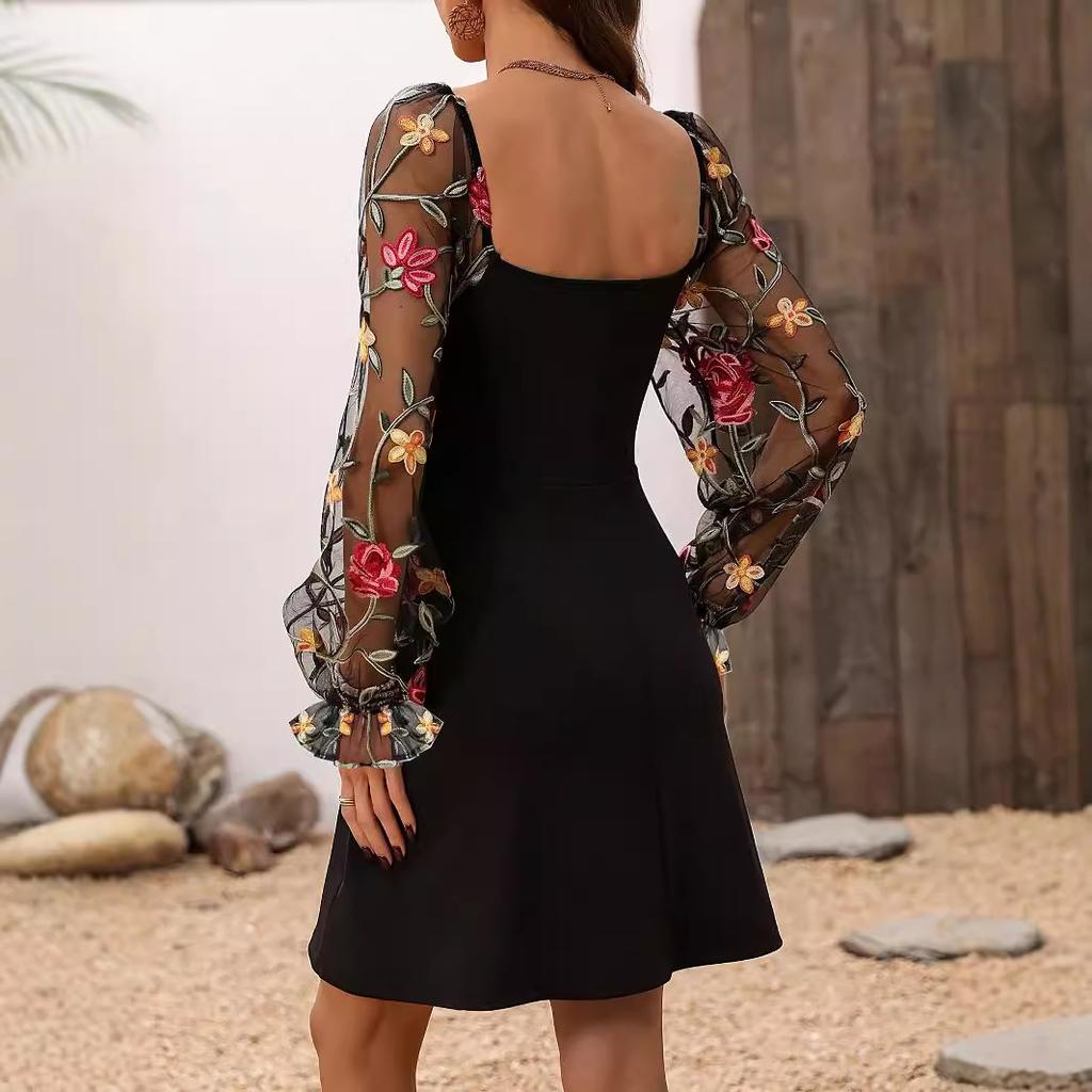 YYFS Women's Fashion Spring Fall Flower Pattern Print Long Sleeve Square Collar High Waist Casual Dresses
