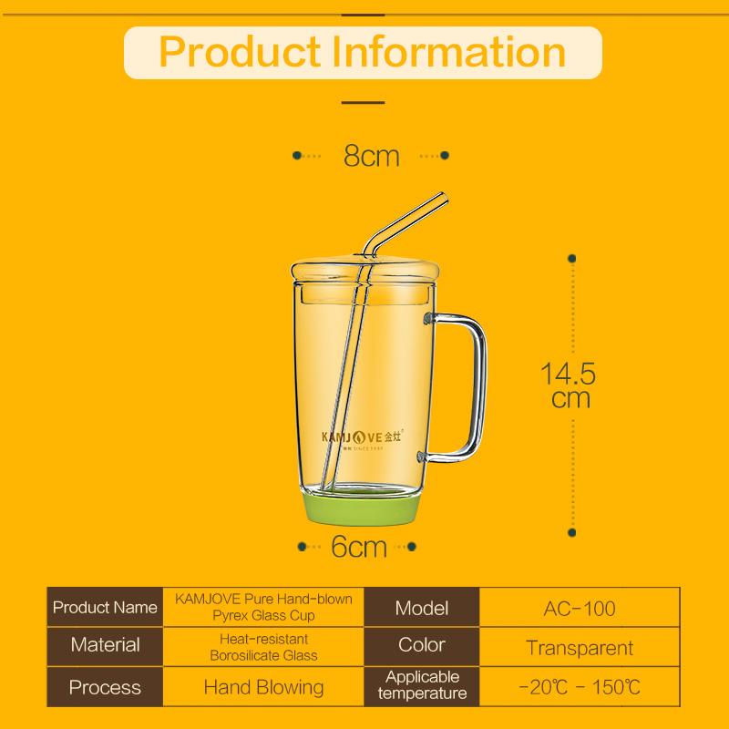 KAMJOVE Skleněný hrnek s víčkem odolný vůči teplu, Módní dámský hrnek se slámkou, Průhledný skleněný hrnek, Opakovaně použitelný AC-100 500ML hrnek na džus
