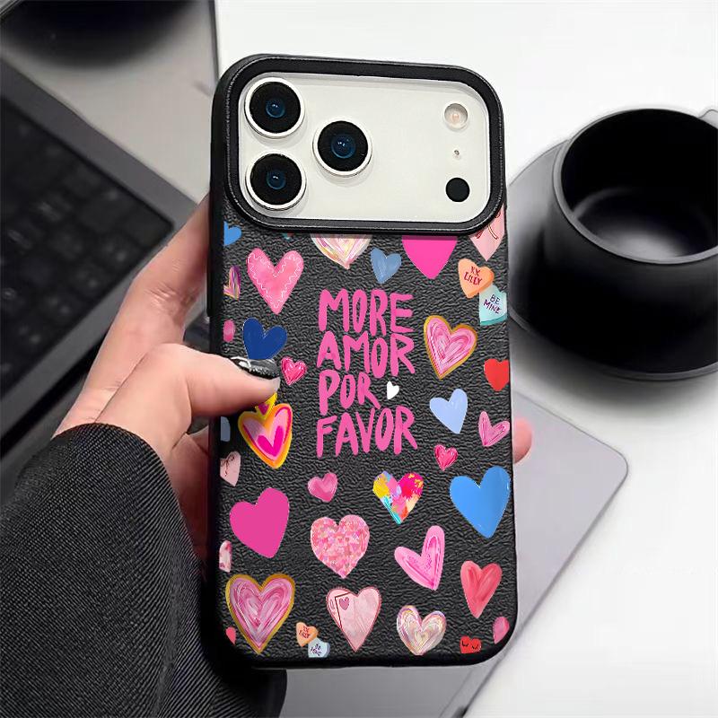 

Красочный чехол для телефона с принтом сердец любви для iPhone 17 16 15 14 13 12 Pro Max 17 Pro Air 11 16e, Текстура кожи, ТПУ, Противоударная крышка iPhone 17 чёрный