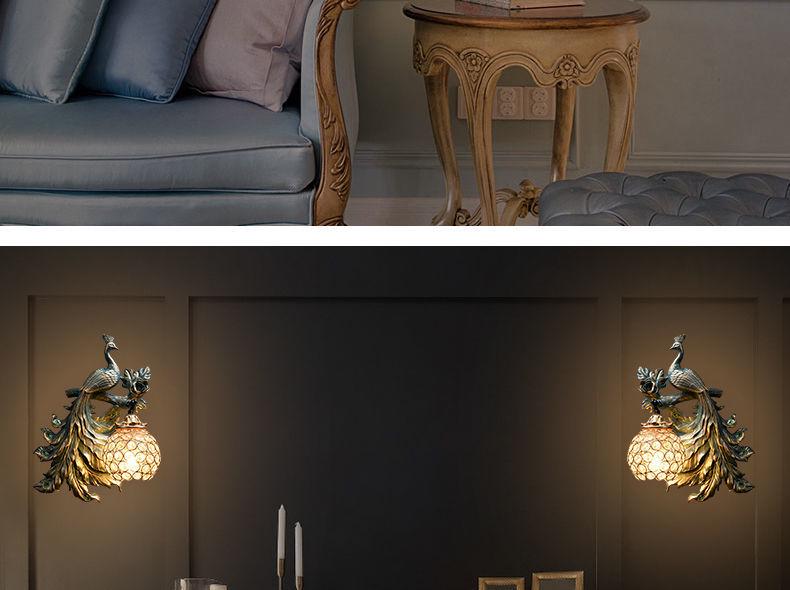 Retro European-Style Peacock Wall Lamp for Living Room or Bedroom Decor