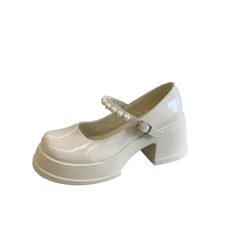 Spring new thick-soled women's shallow thick-heeled buckle beaded single shoes
