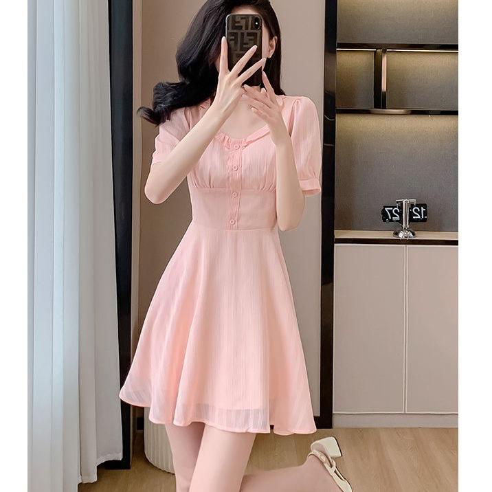 Elegant High-Waisted Pink Chiffon Summer Dress - Youthful and Slimming