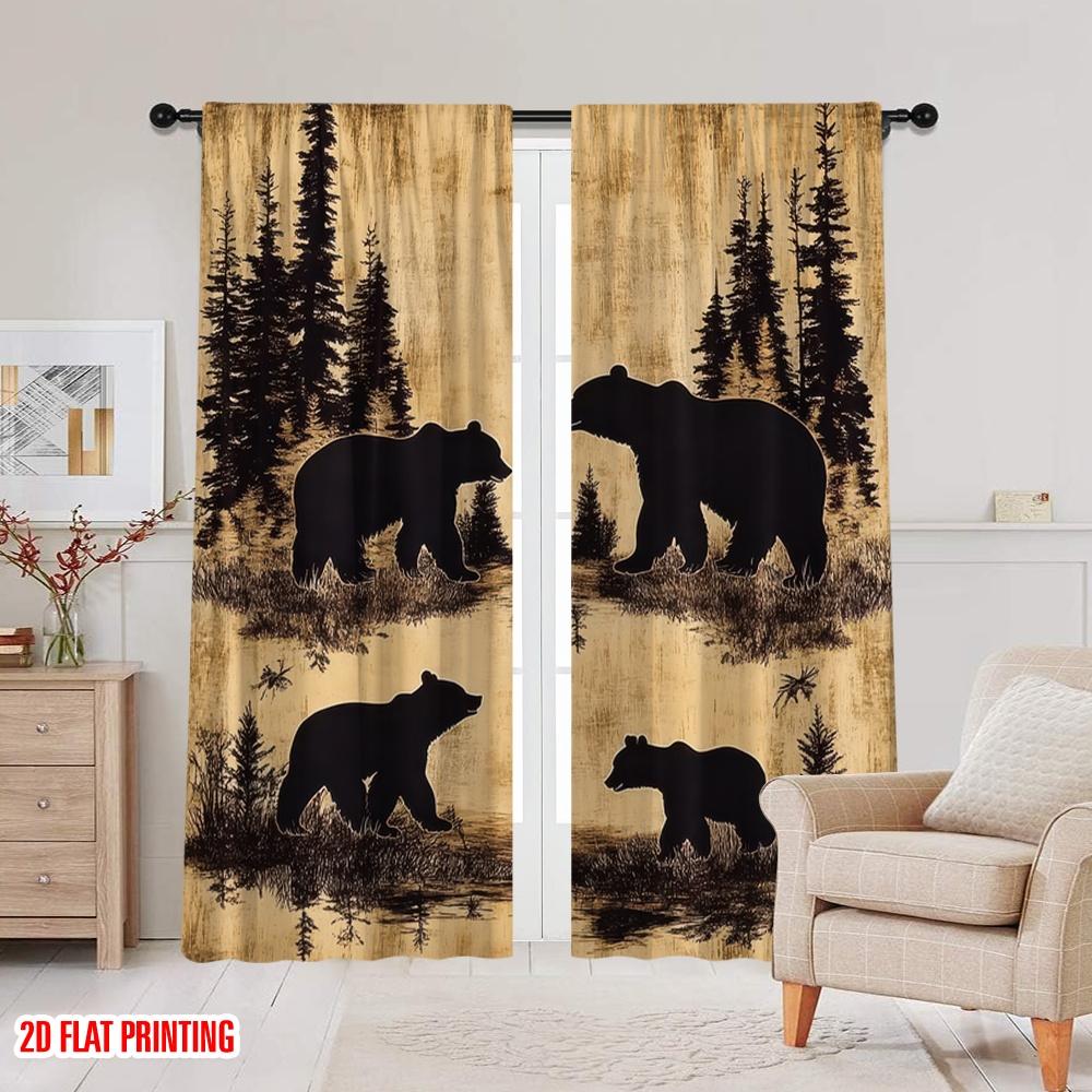 2D Flat Printing 2pcs Retro Bear Pattern Window Drapes Rod Pocket Design For Easy Installation Window Curtain For Living Room