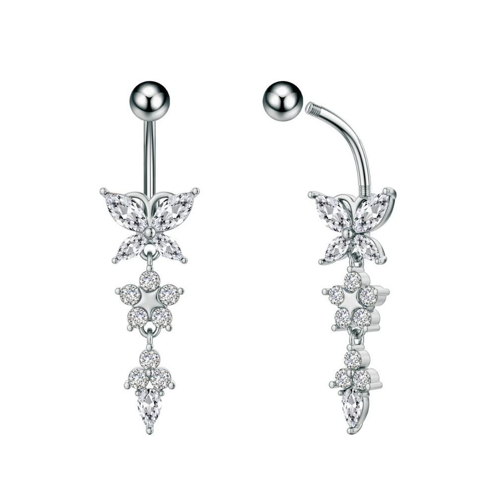 Unique Zircon Butterfly Belly Button Ring Long Chain Stainless Steel Body Piercing Jewelry Elegant Curved Barbell