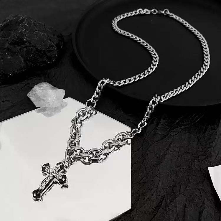 Titanium Steel Clavicle Chain Necklace with Diamond-Studded Cross - Unisex Hip Hop Cuban Chain Trendy Jewelry Pendant